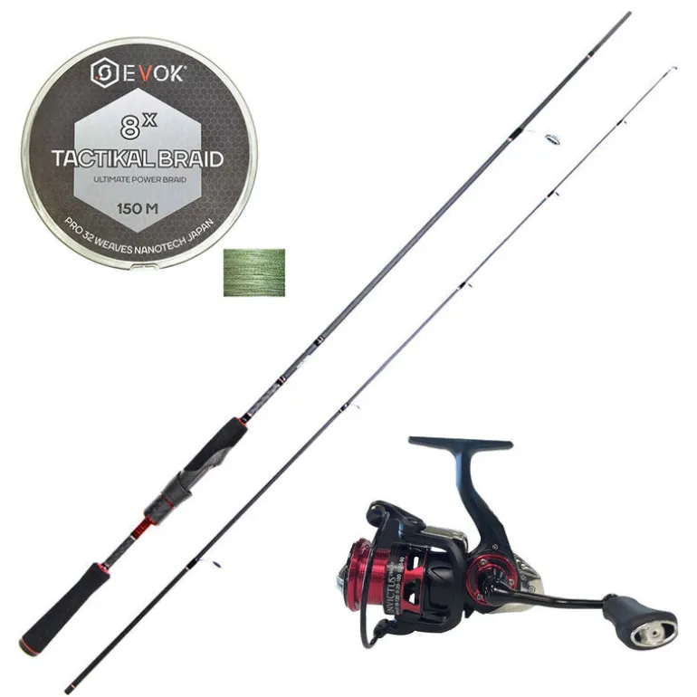 Pack Canne Spinning Evok Invictus V2 1.83m, 7-21g + Moulinet Evok Invictus 2500FD + Tresse Evok Tactikal Braid 0.12mm